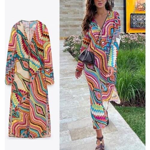 2021 New Printed Womens Maix Dress Chic Long Sleeve Deep V Hollow Out Lace Up Dresses Female Summer Ladies Ethnic Vestidos