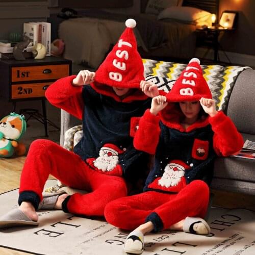 Winter Couple Flannel Pajama Sets Christmas Holiday Hooded Long Sleeves Tops Full Length Pant Soft Warm Homewear Adult Sleepwear