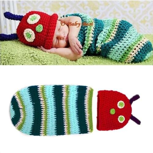 Newborn Baby Caterpillar Photo Clothes Costumes Handmade Knitted Bebe Boy Girl Photography Clothing Hat+ Sleeping Bag Briefs 2pc