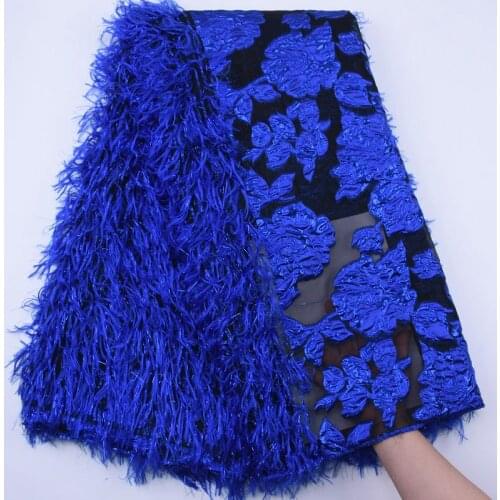 2021 Latest Royal Blue French Tulle Lace Fabric Fluffy Feather Mesh Lace African Lace Fabric Embroidery For Wedding Dress S1789