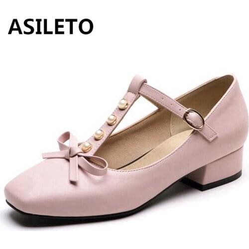 ASILETO New 2021 Ladies Pumps Round Toe 4cm Block Heels Faux Pig Leather T-Strap Pearl Bowtie Sweet Cute Lolita Casual S2138