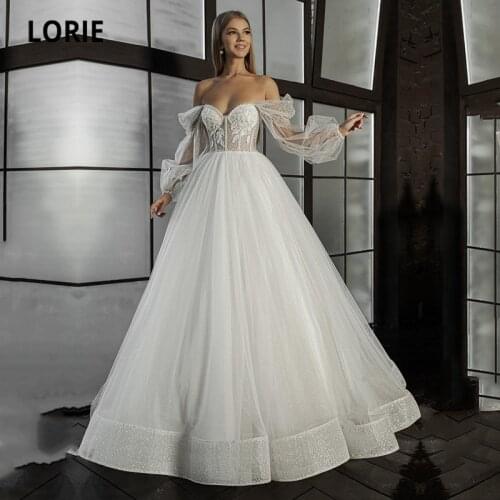 LORIE Glitter Wedding Dresses Boho Arabic Appliques Lace Off the Shoulder Puff Sleeves Corset Wedding Bridal Gown suknia slubna