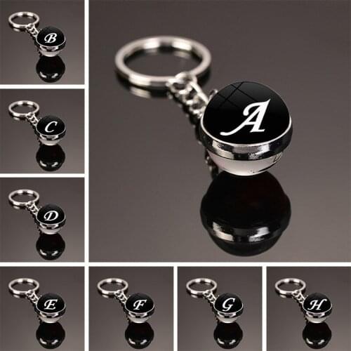 Letters Keychain Glass Ball Pendant Black Keyrings Double Side Glass Ball Jewelry Team Name Women Man Key Chain Rings Gift
