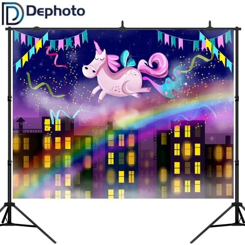 DePhoto Unicorn Photography Backdrop City Rainbow Flag Birthday Party Photo Background Newborn Baby shower Backdrops Studio prop