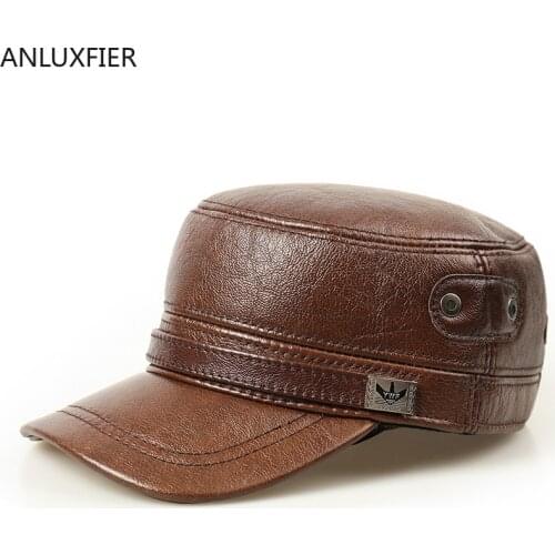 H6920 Fall Winter Genuine Leather Hat Mens Leisure Flat Top Visor Cap Middle-aged Old Men Outdoor Warm Ear Protection Male Caps