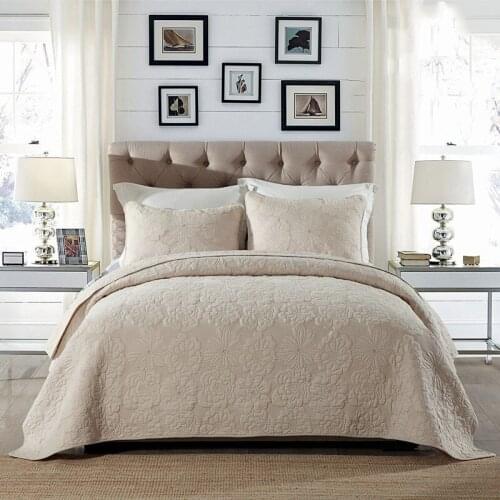 CHAUSUB Plain Cotton Quilt Set Embossed Bedspreads 3pcs Quilts Embroidered Quilted Bed Cover Queen Size Coverlets Blanket Beige