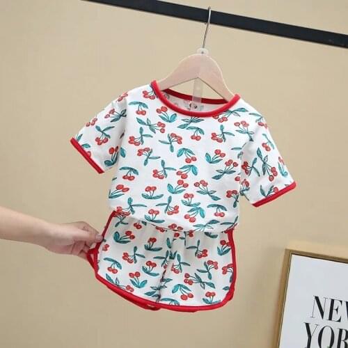 2021 Summer New Suit Korean Style Two-piece T-shirt Shorts Cute Fruit Print Pattern Trend Suit Boys Girls Universal Short Sleeve