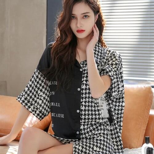 2021 Summer Pajamas Women Short Sleeve Nightgown Silk Like Houndstooth Print Nightwear Fashion Sleepwear Home Clothes Nightwear