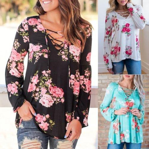 Fashion Women Lace Up Floral Loose Blouse 2017 Fall Casual Long Sleeve Top Shirt Oversize Clothing