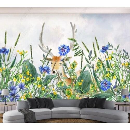 Papel de parede Nordic hand painted flowers and plants elk 3d wallpaper mural,iving room tv wall bedroom wall papers home decor