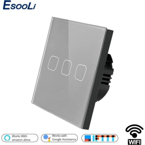 Esooli Gray Luxury Crystal Glass ewelink Smart Home 3 Gang 1 way Wireless WiFi EU Standard Touch Switch Wall Light Switch