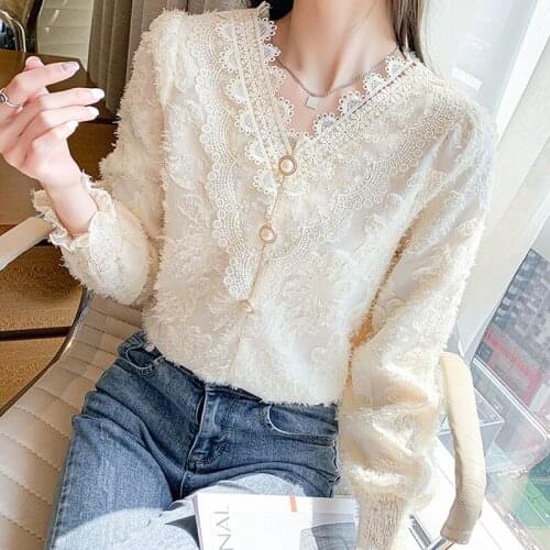 Autumn 2020 Ladies Tops Lace V-necked Clothes for Women Casual Beading Solid Flare Sleeve Blusas Female oversize tops 1007