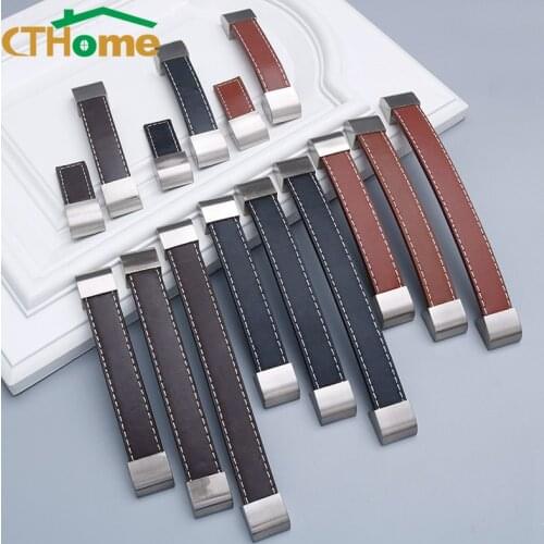 128mm Leather + Zinc Alloy Door Knobs and Handle Simple Kitchen Cabinet Handles Nordic Wardrobe Drawer Pulls Furniture Handles