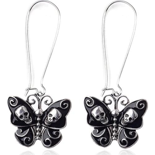 Personality Butterfly Skull Pendant Earrings Black Butterfly Skeleton Ear Hook Fashion Female Charm Exquisite Jewelry