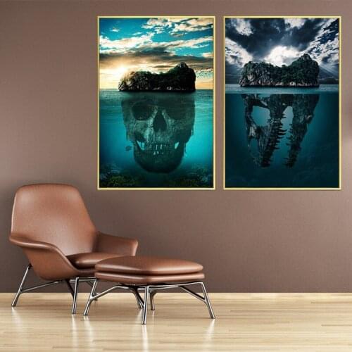 Modern Nature Blue Seascape Canvas Painting Skull Wall Art Poster and Prints Still Life Picture for Living Room Decoration