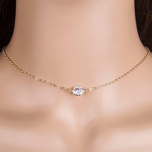 Sparkling solitaire Cubic zircon necklace Round Minimal Gold pendant rhinstone crystal choker necklace gift wedding jewelry