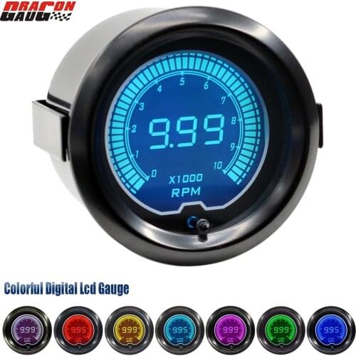 Dragon gauge 52mm Smoke tint lens Car Tachometer Gauge LCD 7 Colors Backlight Digital RPM For 4 6 8 cylinder Meter Carburetor