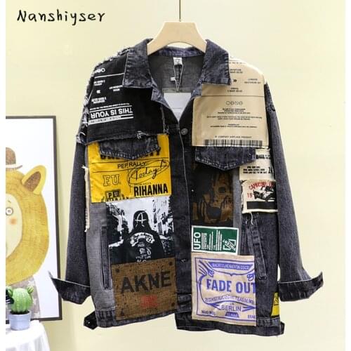 Nanshiyser Vintage Full Sleeve Appliques Newspaper Pattern Plus Size Black Denim Jacket Leisure Trend Coat 2021 Autumn New Women
