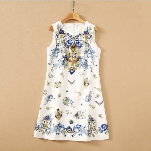 European and American womens wear for summer 2021 Sleeveless nail bead Fashion court print dress with a round neck