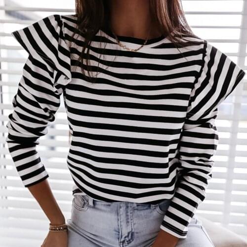 Elegant Shirt Office Lady Women Fashion Autumn Striped Ruffles Blouse Long Sleeve O Neck Pullover Modern Slim Black Red Tops