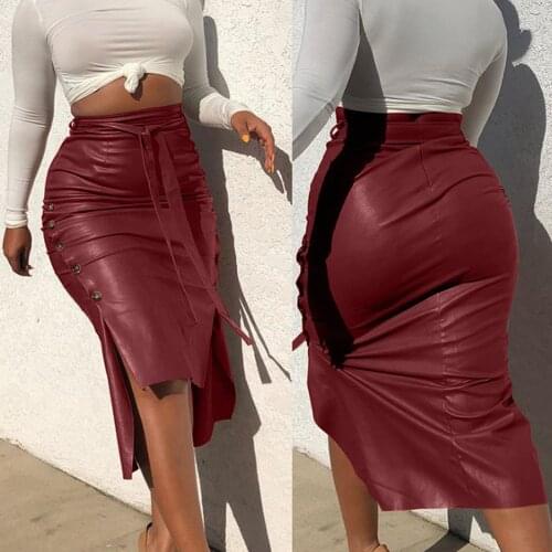 Womens Faux Leather Skirt Solid Color High Waist Button Trim Slit Lace Up Bodycon Slim Pencil Skirt with Belt