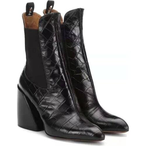 2021 Woman High Quality Genuine Leather Strange Heel Boots Sewing Slip On High Heel Pointed Toe Boots