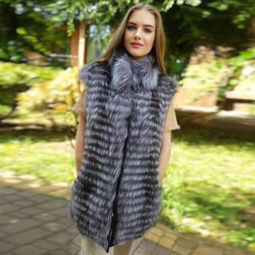 Real Silver Fox Fur Vest Women Fur Gilet With Stand Collar Ladies Natural Fur Waistcoat Autumn Winter Warm Sleeveless Coat