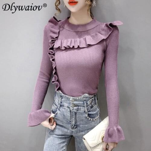 Femme Chandail 2020 New Korean Lotus Leaf Pullover Sweater Black Bottoming Sweater Woman Winter Casual Tops Female Warm Sweater