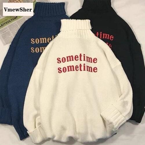 VmewSher Turtleneck Sweater Women Letter Embroidery Sometime Knitted Pullover BF Loose Streetwear Harajuku Fashion Jumper Top
