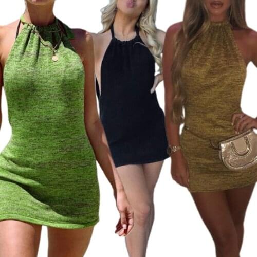 Women Sexy Halter Backless Knitted Bodycon Mini Sweater Dress Sleeveless Solid Color Package Hip Beach Party Clubwear