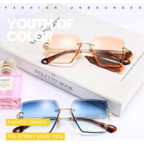 2021 Trends Big Sunglasses Rimless Sunglasses Uv400 Metal Frames Rectangle Fashionable Decorative Sunglasses Black Brown