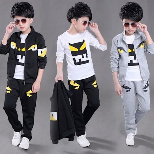 Boys 3 Pcs Set Childrens Sport Clothing Suit Male Kids Cartoon Little Monster Print Jacket + T-shirts + Pants Tracksuit X105