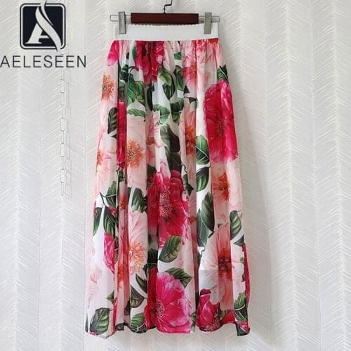 AELESEEN Runway Fashion Summer Chiffon Skirt 2021 High Quality Romantic Rose Flower Print Long Waist Elastic Skirts