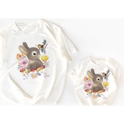 Cute Rabbit Retro Girls T-shirt Parent-child Mother-child Womens New Summer Wear Mom and Baby Girl Matching Clothes Family Look