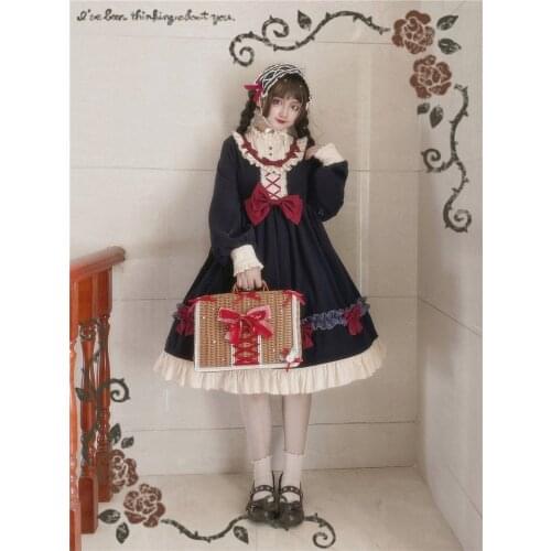 Jenny Is Sweet Heart Sweet Womens Lolita OP Dress Dress Lantern Sleeve Bow Ruffles Trim Cute One Piece Navy Blue