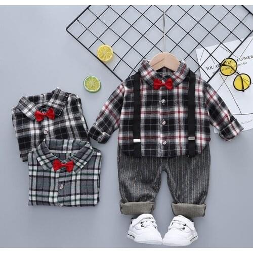 Spring Autumn Infant Clothes Suit Baby Girl Boys Clothing Fashion Plaid T Shirt Overalls Bib Pants 2Pcs/Set Kid Children Costume