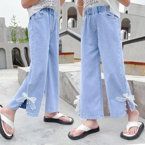 Summer Jeans Wide Leg Pants For Girl Bow Pearls Kids Girl Jeans Casual Style Jeans Kid Summer Childrens Clothing 6 8 10 12 14