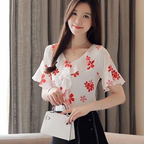 Fashion Chiffon printing Casual Ladies Shirt ladies tops Women Flared sleeves Korean style Blouse 2021 women shirts
