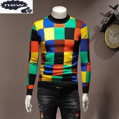 Fashion Casual Long Sleeve Mens Plaid Mixed Colors Sweaters Autumn O-Neck Slim Fit Male Knitting Pullovers Plus Size Streetwear
