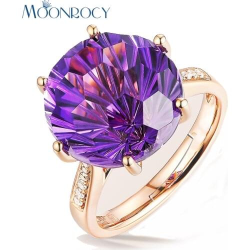 MOONROCY Rose Gold Color CZ Purple Crystal Wedding Rings Adjustable Size Party Finger Jewelry for Women Girls Gift Drop Shipping
