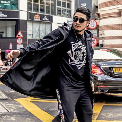 2021 New Mens Long trench Coat Autumn jacket Mens Casual Black Hooded Park Windbreaker College Bomber Jacket