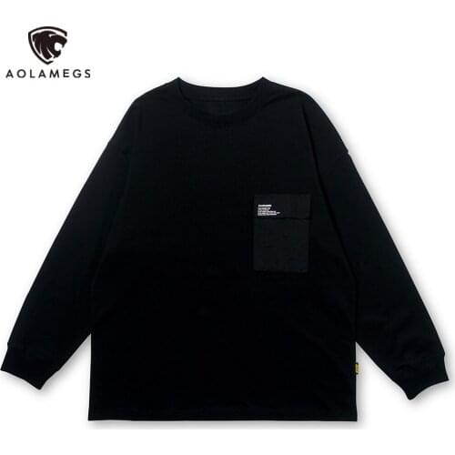 Aolamegs Autumn Long Sleeve T Shirt Men Clothing High Street Solid Color Pocket T-shirt Oversized Tees Leisure Streetwear