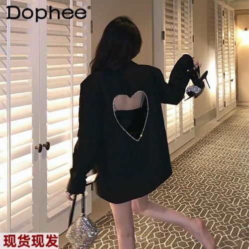 Sexy Backless Heart-Shaped Hollow Rhinestone Suit Jacket Womens Clothing 2021 Autumn Thin Loose Slimming Work Wear Blazer Coats