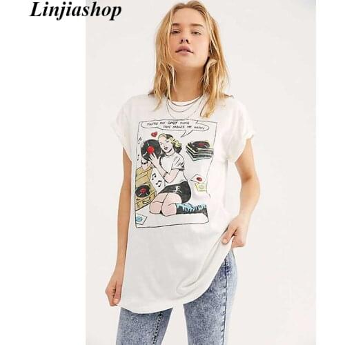 Casual white T-shirt cartoon print soft cotton plus size short sleeve high fashion oversized summer tees ladies dropshipping
