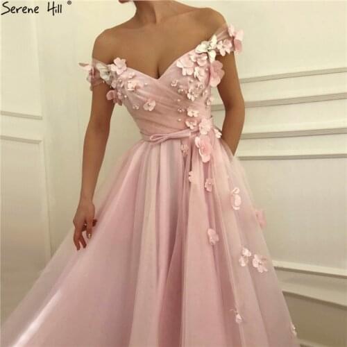 Pink Off Shoulder Beach Sexy Evening Dresses Pearls Handmade Flowers Tulle Evening Gowns 2020 Serene Hill BLA60815