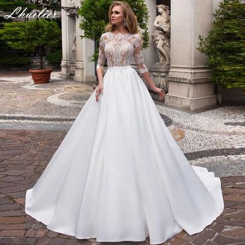Lhuilier A Line Illusion 3/4 Sleeves Satin Wedding Dresses 2021 Lace Appliques Floor Length Bridal Gowns Court Train