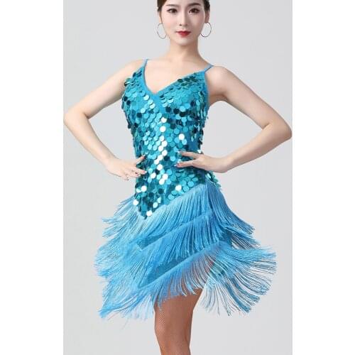 Sexy Shiny V-Neck Back Lace-Up Bodycon Sequin Dress Sequin Tassel Latin Dance Dress Women Latin Skirt Ballroom Competition Dress