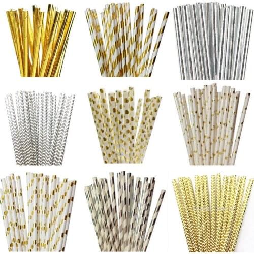 25pcs/lot Foil Gold Silver Paper Straws For Kids Happy Birthday Baby Shower Wedding Decorative Event Party Supply