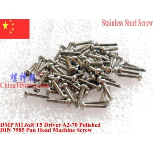 Stainless steel screws M1.6x8 DIN 7985 Pan head Torx T5 Driver A2-70 Polished ROHS 100 pcs