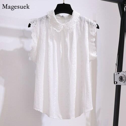 Summer Lace Women Blouse Korean Style 2021 Sleeveless Ruffled Women Tops and Blouse Doll Collar Versatile Casual Shirt 14661